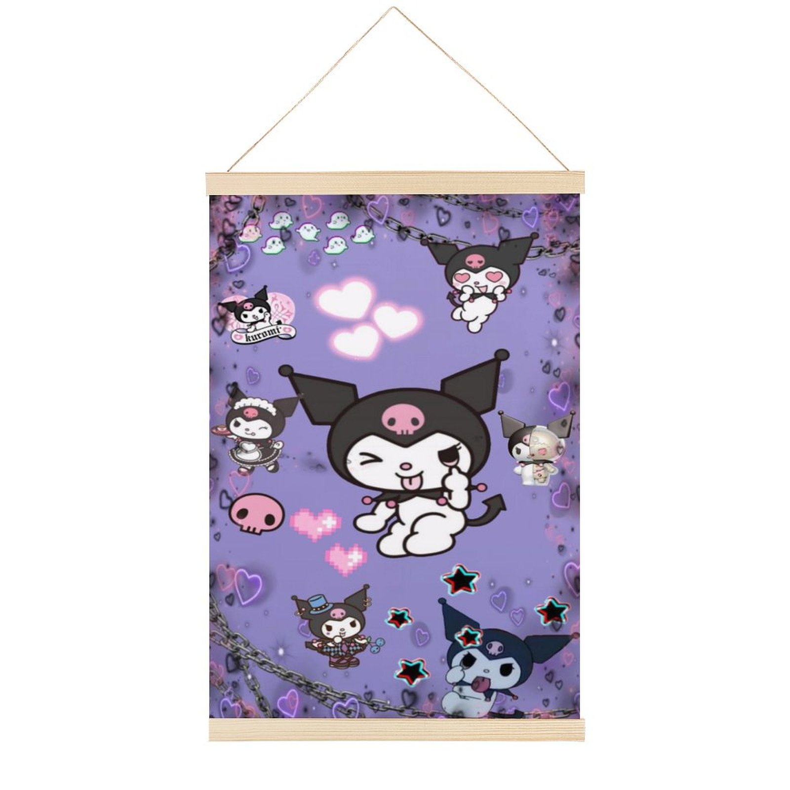 Punk Kuromi Poster Wall Art Decor Hanging Paintings Wood Frame Hanger Magnetic Kit Holder Print Picture for Living Room Bedroom Decoration 16x24in
